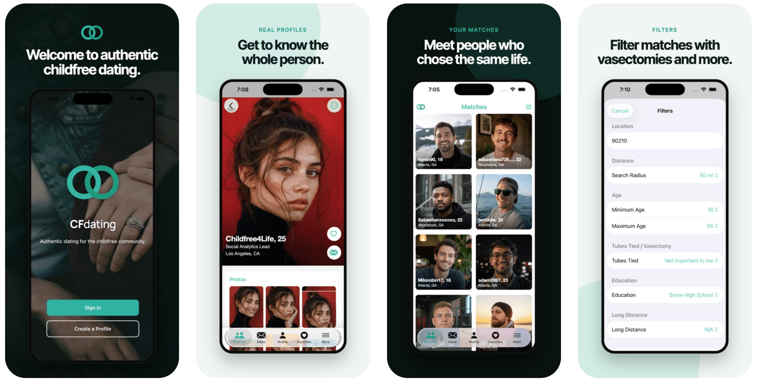 Screenshot from August 2026 of CFdating's childfree dating app on iOS.