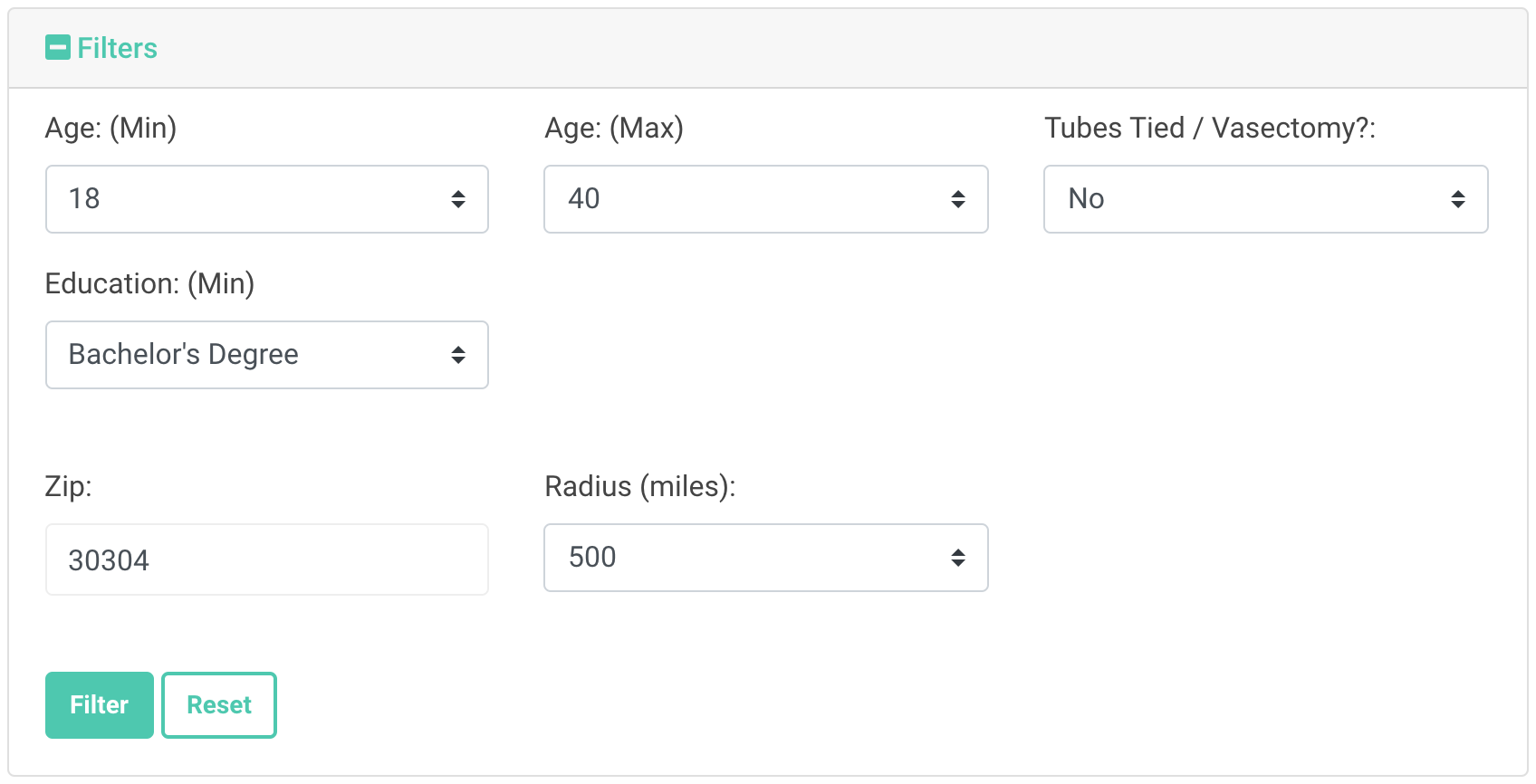 Screenshot of CFdating.com's childfree match filters that all members can use.