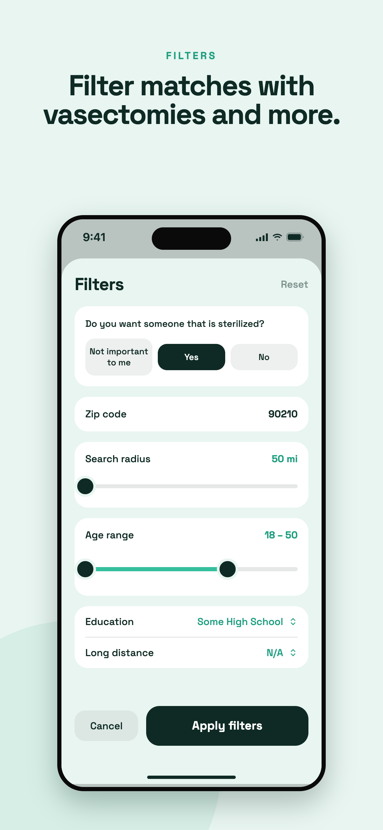 CFdating app match filters screen