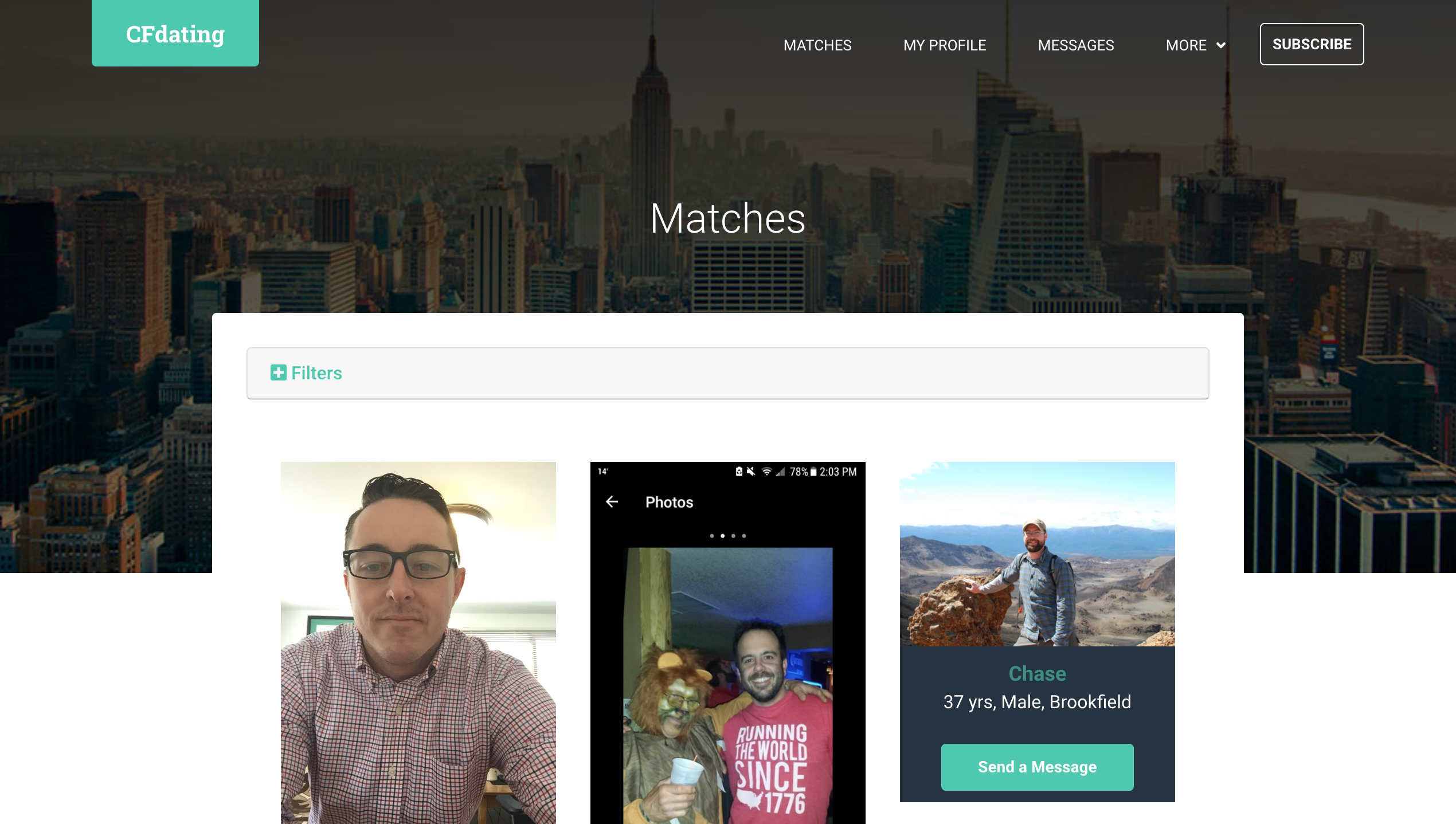 Screenshot of CFdating.com's matches system.