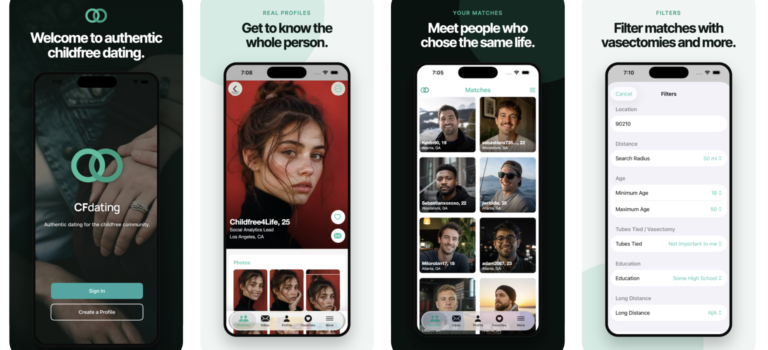 Screenshots of the CFdating mobile app on iOS which is launching in 2026